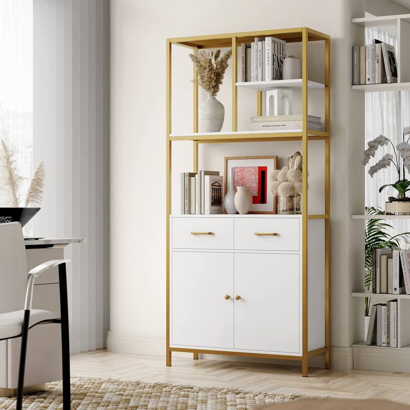 71" Tall Bookshelf, Modern White and Gold Bookcase, Book Shelves with